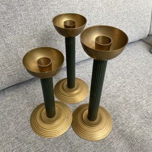 Vintage Candle Holder Set of 3 Metal Green Brass mid century Graduated
